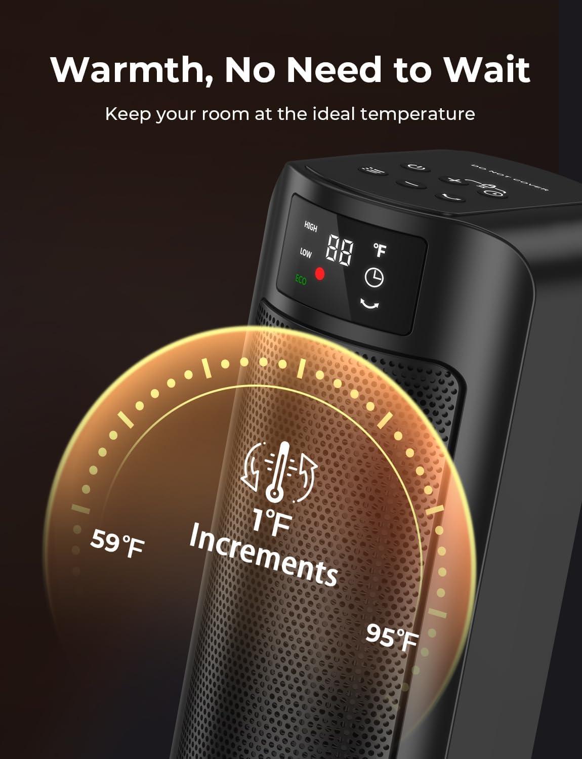 1500W Space Heaters for Indoor Use, PTC Ceramic Electric Heater Fast Heating with Remote, ECO, 59-95°F Digital Thermostat, Child Lock, 24H Timer, Oscillating Portable Electric Heater for Large Room