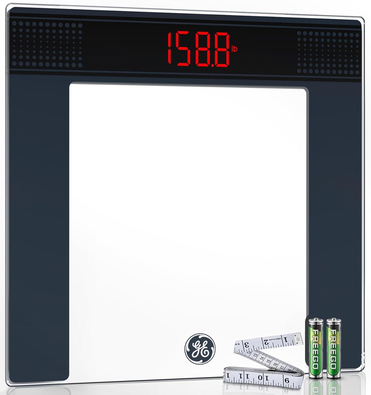GE Bathroom Scale for Body Weight: Highly Accurate Digital Scale Weighing Machine with Clear Tempered Glass, 11.8" Large Platform, Compact Design, LED Display, 400 lbs, 4 Units, with Body Tape Measure