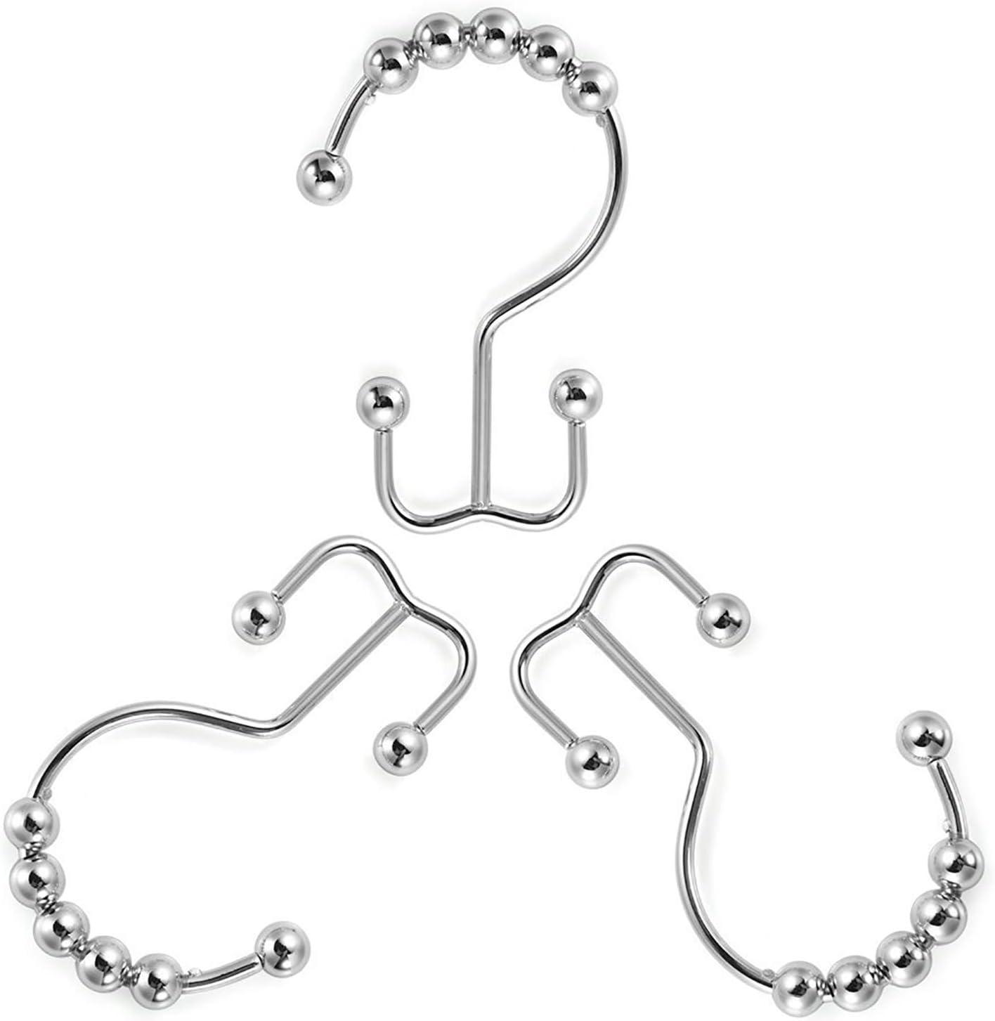 Amazer Shower Curtain Hooks Rings, Rust-Resistant Stainless Steel Double Shower Curtain Hooks, Shower Hooks for Shower Curtain and Liner Bathroom, Set of 12, Chrome