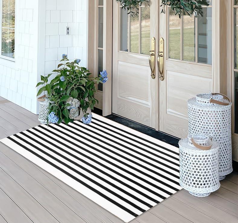 Black and White Striped Hand-Woven Outdoor Rug 24'' x 51''