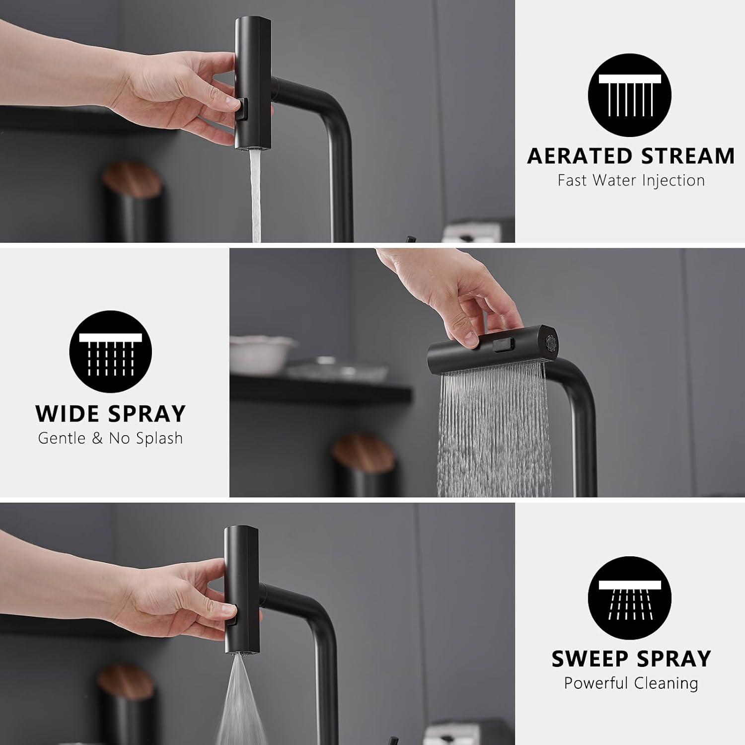 Waterfall Kitchen Faucet,Matte Black Kitchen Faucet with Pull Down Sprayer,Faucets for Kitchen Sink,Single Handle Kitchen Faucet Stainless Steel,Pull Out Sprayer Kitchen Faucets