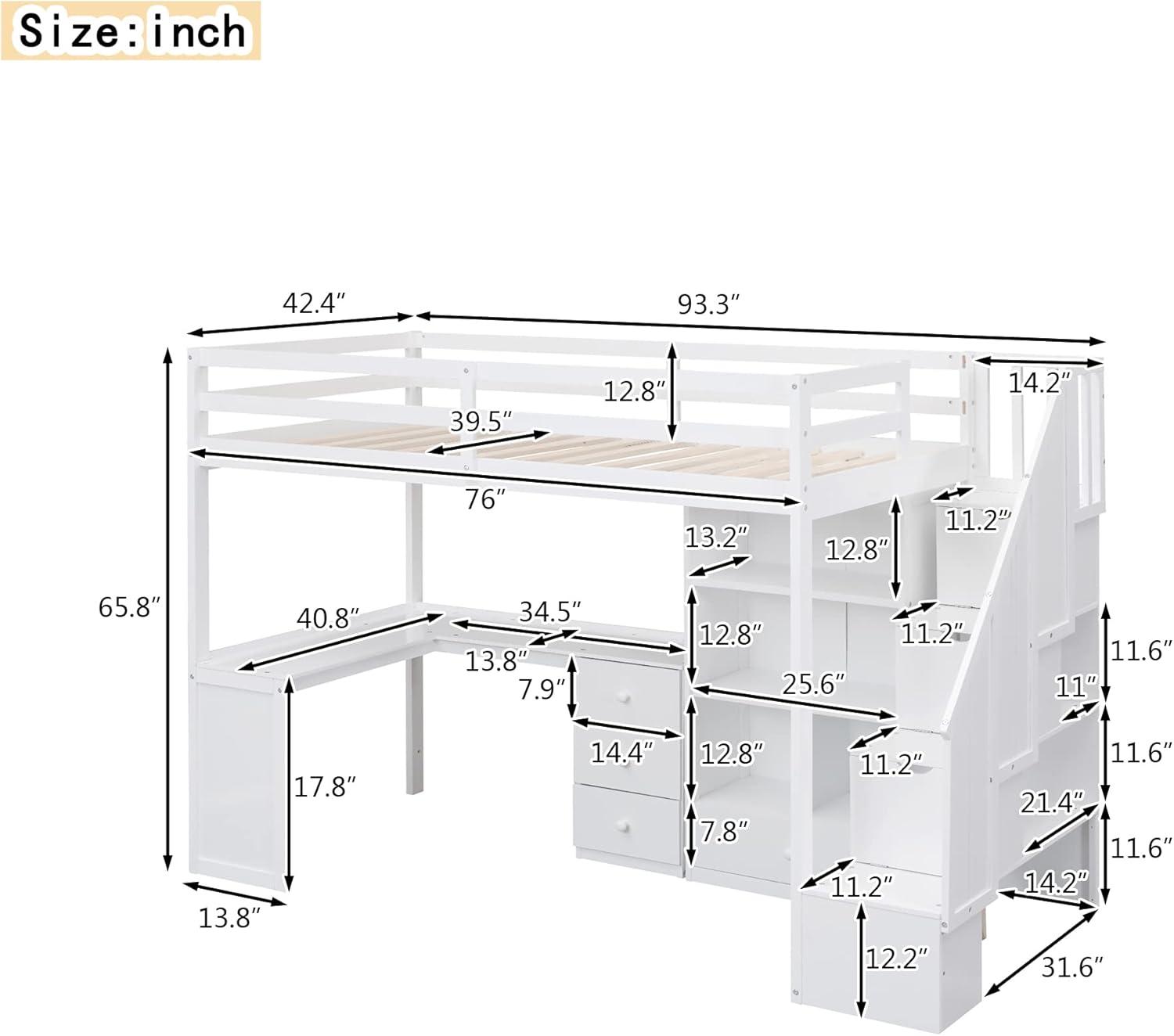 Bellemave Twin Size Loft Bed with Desk and Stairs Wood Loft Beds with Storage Cabinet and Bookcase High Loft Bed Frame with Staircase Shelves for Kids, Teen, Boys, Girls, White