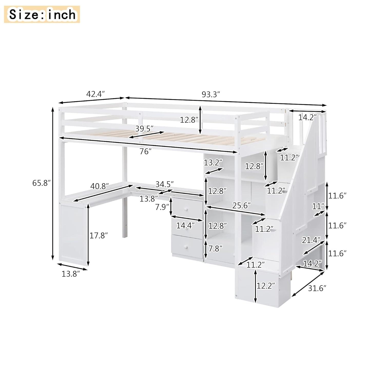 Bellemave Twin Size Loft Bed with Desk and Stairs Wood Loft Beds with Storage Cabinet and Bookcase High Loft Bed Frame with Staircase Shelves for Kids, Teen, Boys, Girls, White