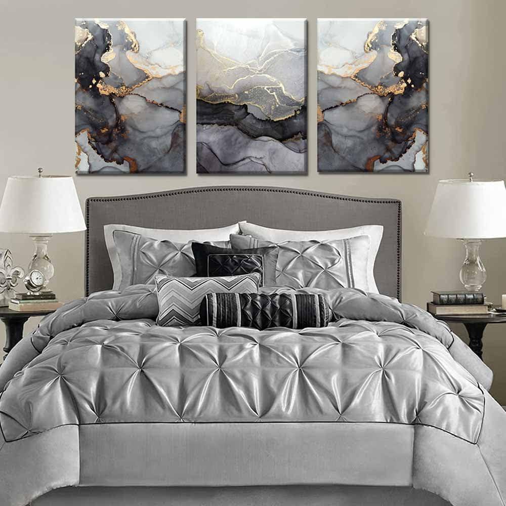 3Pcs Abstract Marble Wall Art Black and Gold Bathroom Decor Nordic Watercolor Gray White Fluid Ink Lines Canvas Picture Contemporary Painting Artwork for Living Room Bedroom Office Home Decor