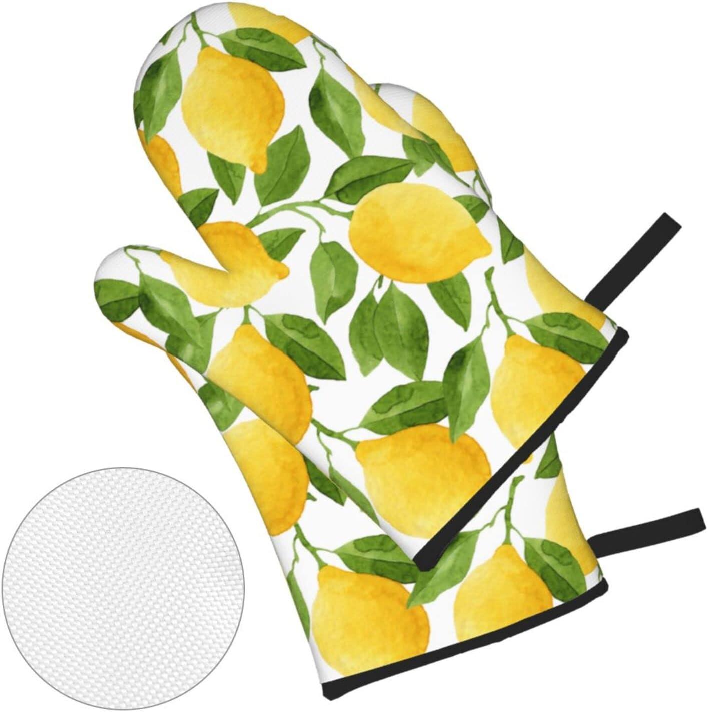 YFYANG Oven Mitts and Pot Holders Sets 4 Pieces, Non-Slip Heat Resistant Fruit Lemon Art Pattern Kitchen Glove Pot Mat for Cooking and Baking