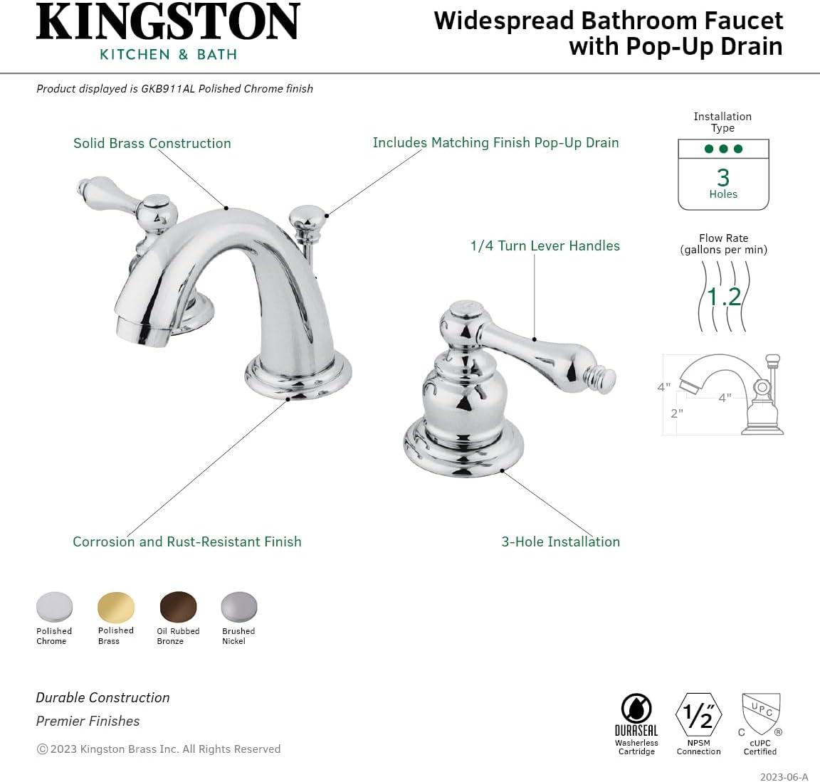 Kingston Brass English Country Two-Handle 3-Hole Deck Mount Widespread Bathroom Faucet with Retail Pop-Up Drain