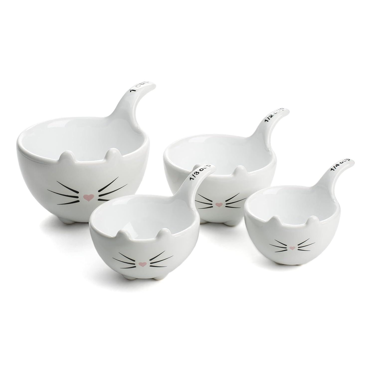 White Ceramic Cat Measuring Cups: Set of Cat Shaped Bowls - 1 Cup, 1/2 Cup, 1/3 Cup and 1/4 Cup