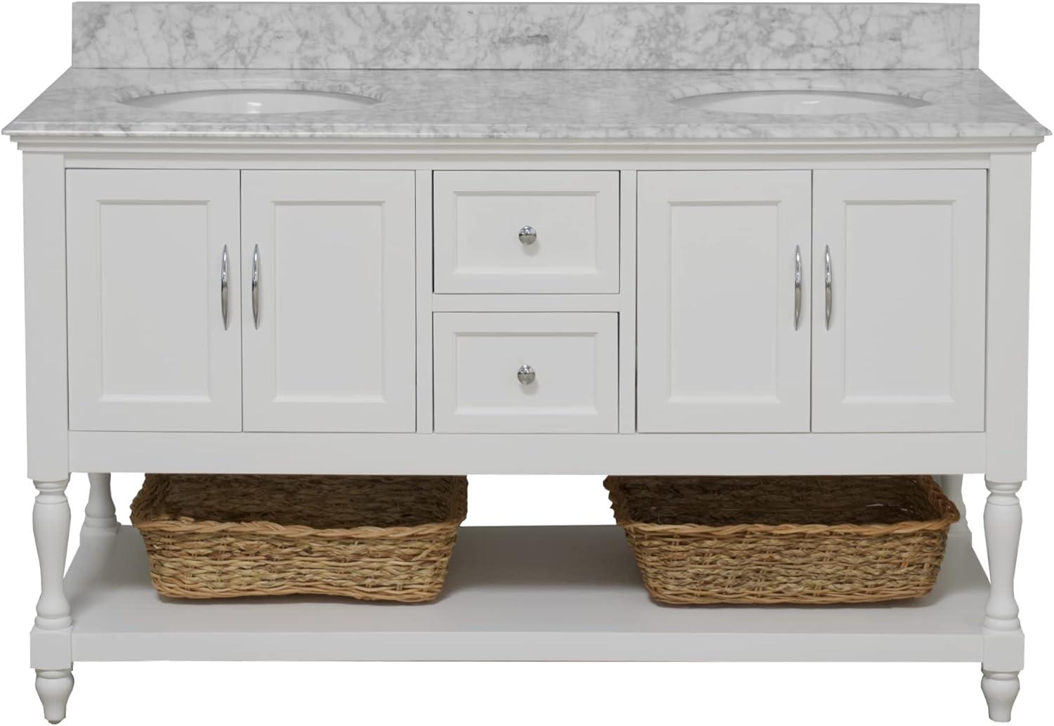 Kitchen Bath Collection Beverly 60-inch Double Bathroom Vanity (White/Carrara): Includes White Cabinet with Authentic Italian Carrara Marble Countertop and White Ceramic Sinks