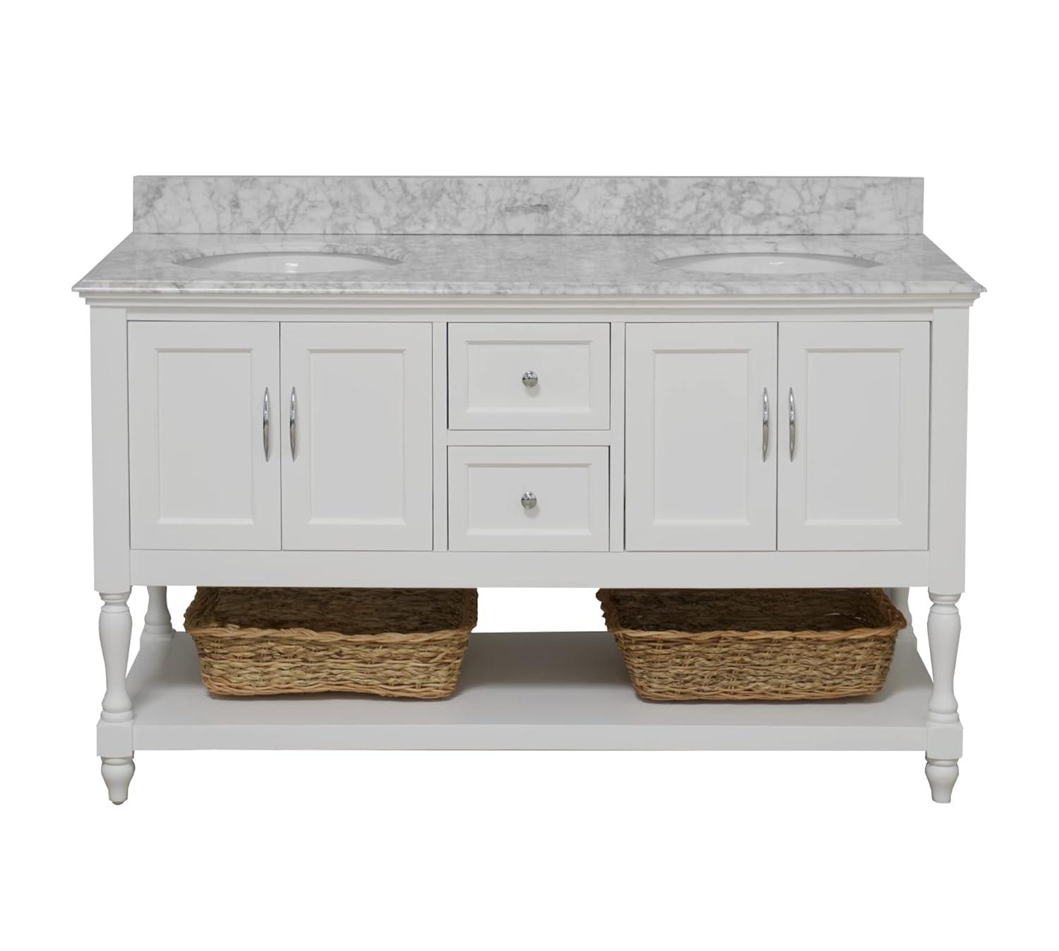 Kitchen Bath Collection Beverly 60-inch Double Bathroom Vanity (White/Carrara): Includes White Cabinet with Authentic Italian Carrara Marble Countertop and White Ceramic Sinks