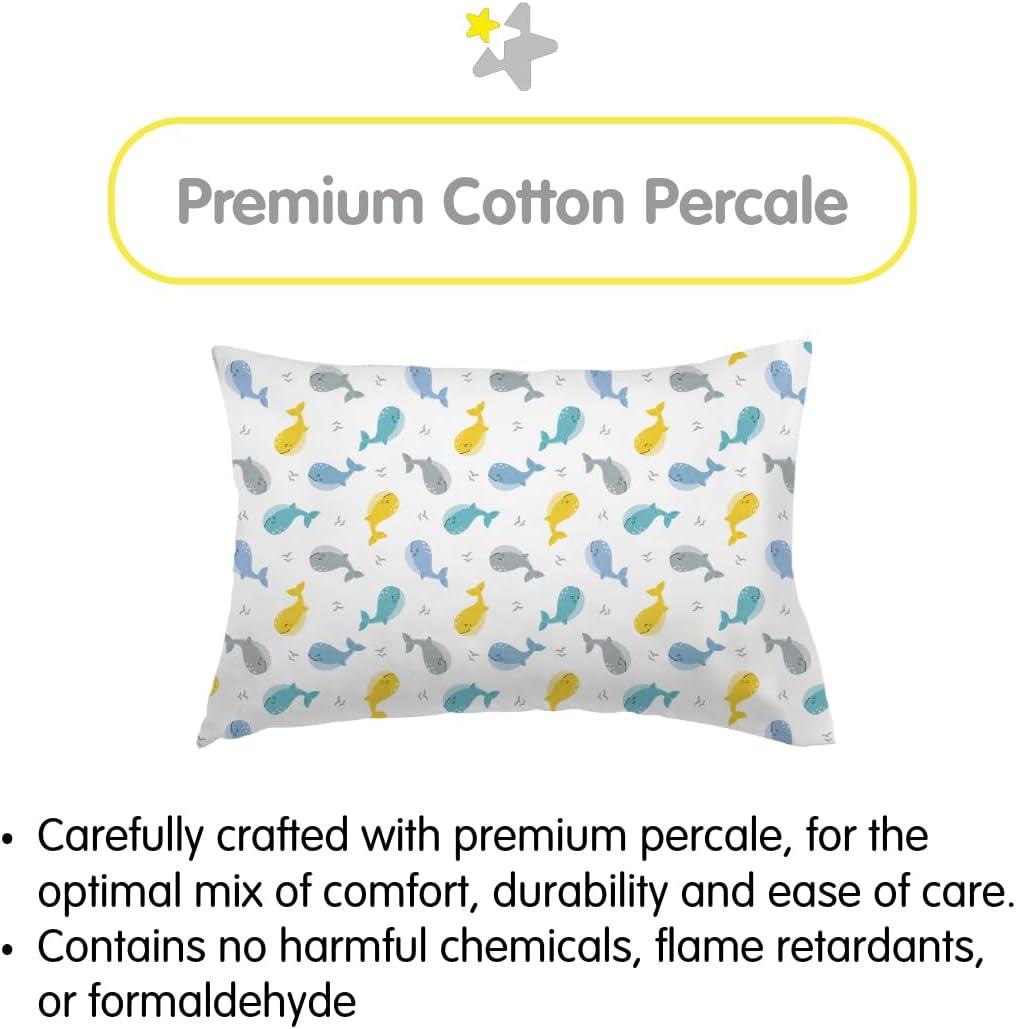 BreathableBaby Cotton Percale Pillowcase, For 13" x 18"/33 x 46 cm Toddler Pillow, Whales (2-Pack)