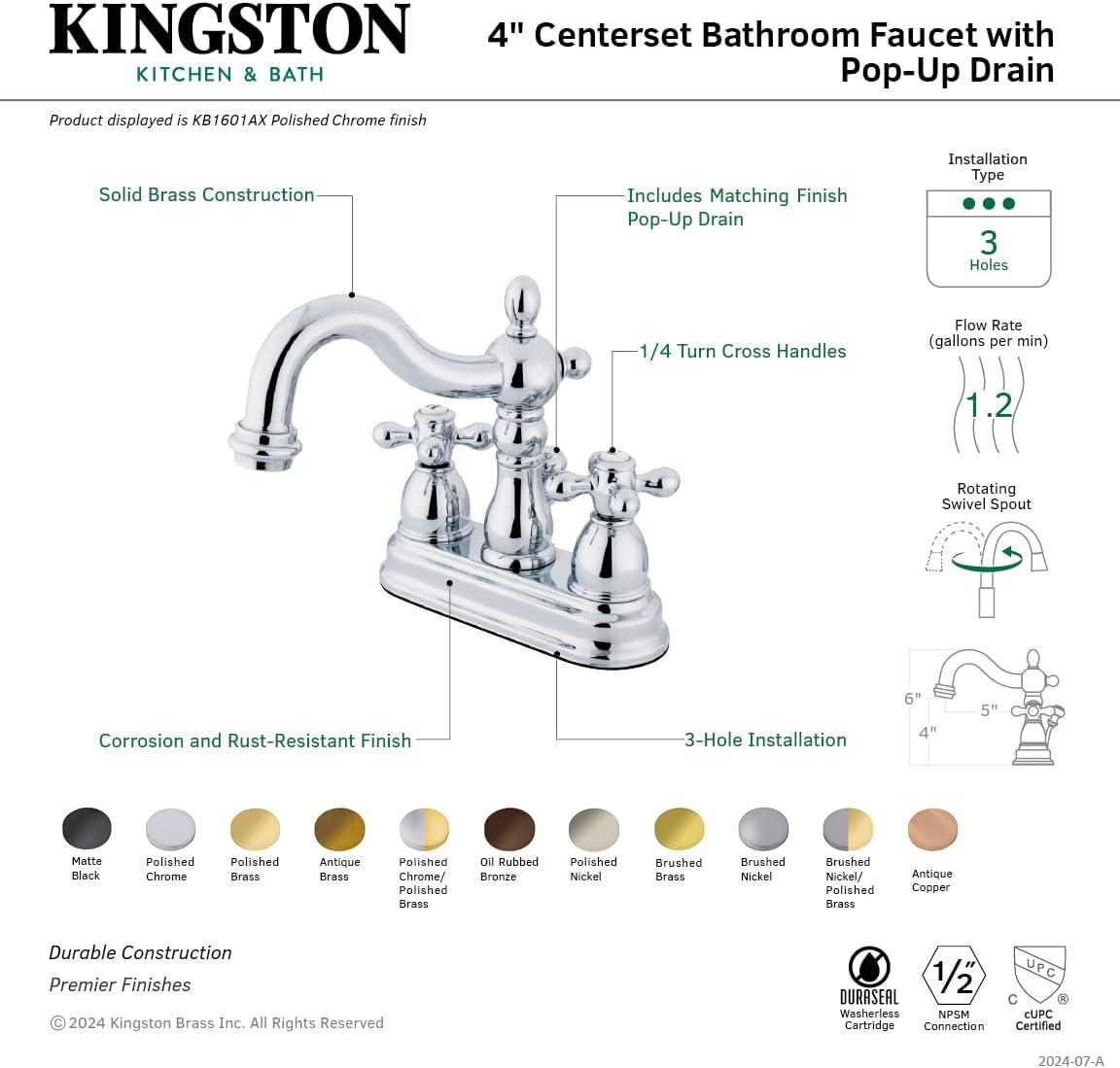 Kingston Brass Heritage Two-Handle 3-Hole Deck Mount 4" Centerset Bathroom Faucet with Plastic Pop-Up