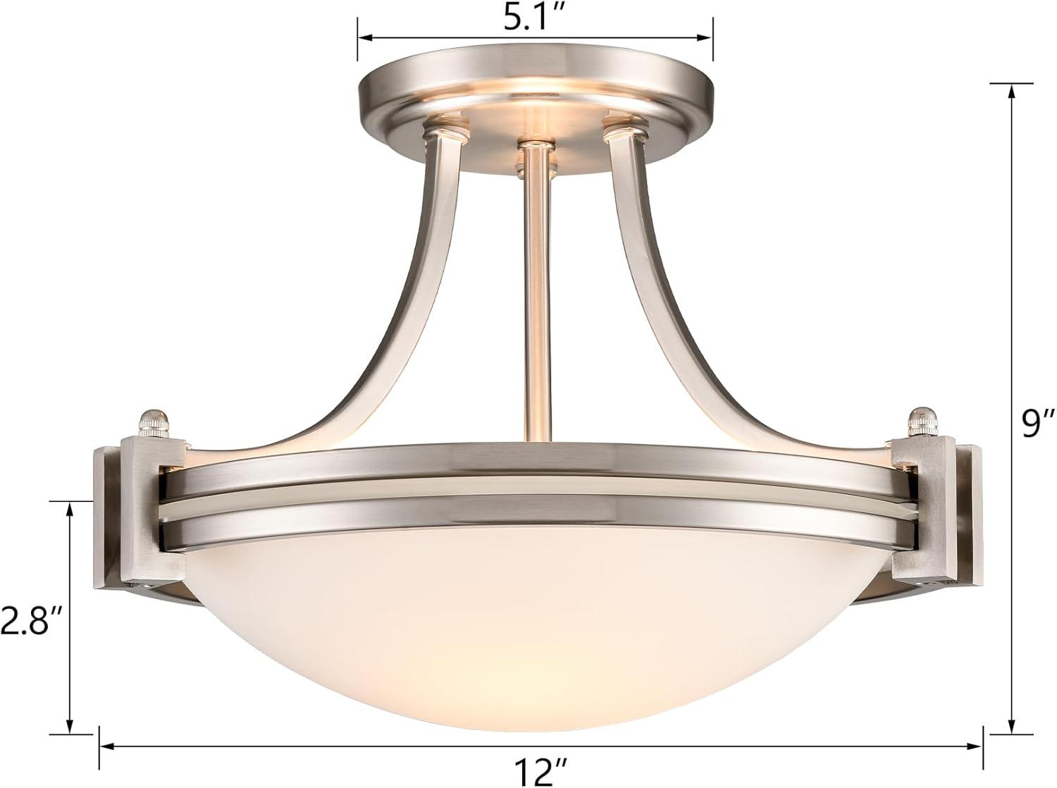 Brushed Nickel Semi Flush Mount Light 2-Light Milk Glass Ceiling Light Round Shape