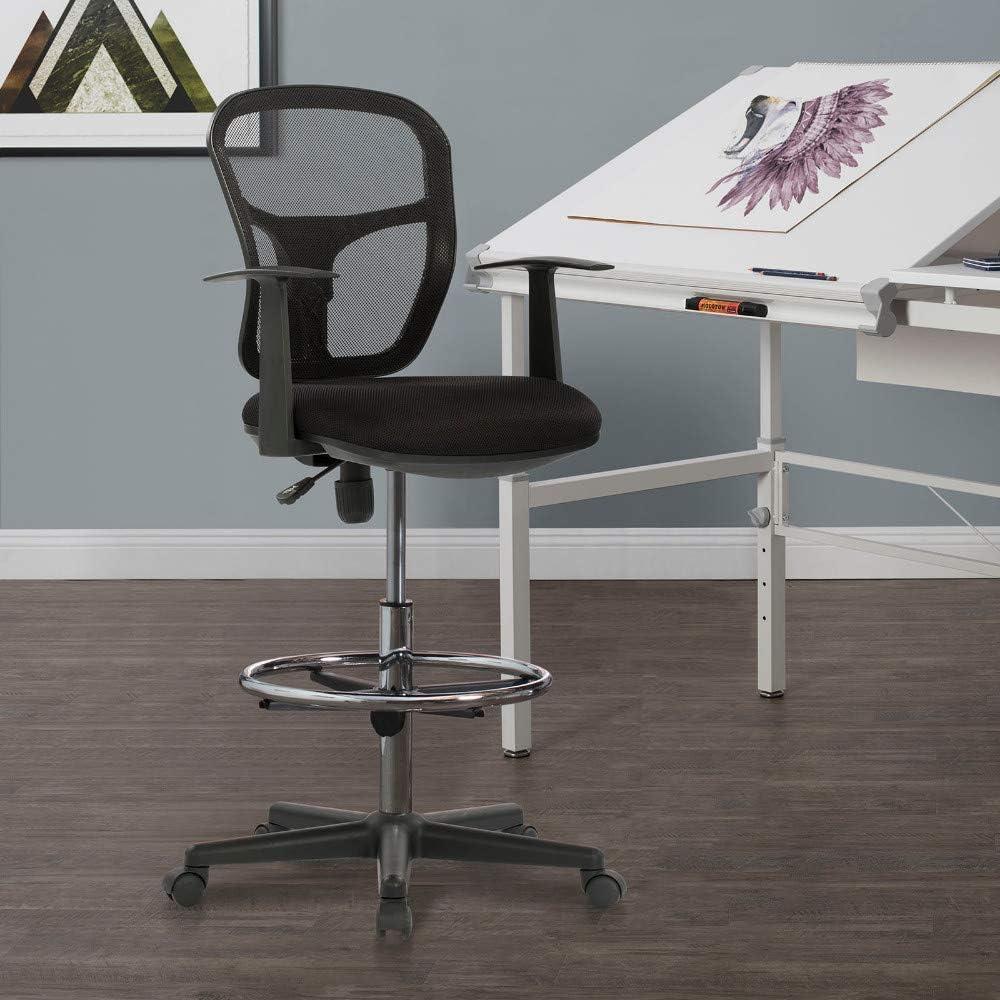 Riviera Drafting Chair - Black: Mesh Back, Adjustable Height, Footring, Home Office & Studio Comfort