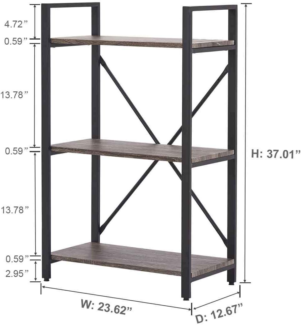 3 Tier Bookshelf, Small Rustic Book Shelf, Short Industrial Bookcase, Wood Metal Standing Etagere for Office, Bedroom and Living Room (Dark Gray Oak)