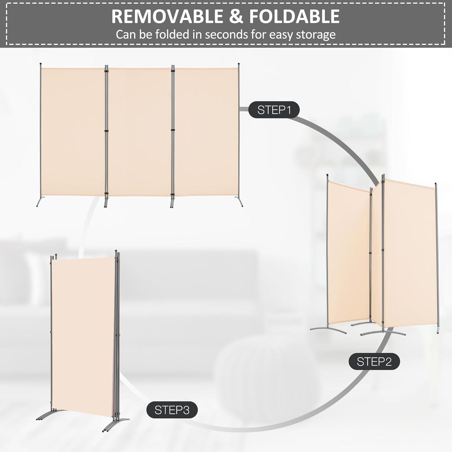 Beige 3-Panel Folding Fabric Room Divider with Metal Frame