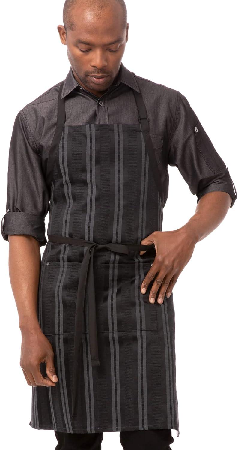 Black and Gray Striped Cotton-Poly Wide Bib Apron