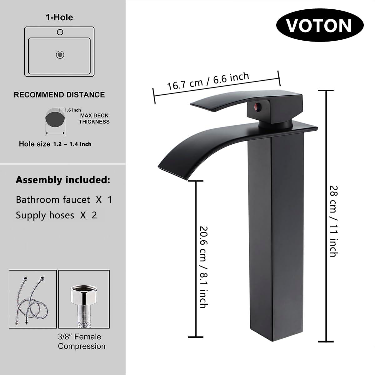 Waterfall Bathroom Faucet Single Handle，Bathroom Sink Faucet 1 Hole，Waterfall Faucet for Bathroom Sink，Vessel Sink Faucet Matte Black Tall Bathroom Faucet