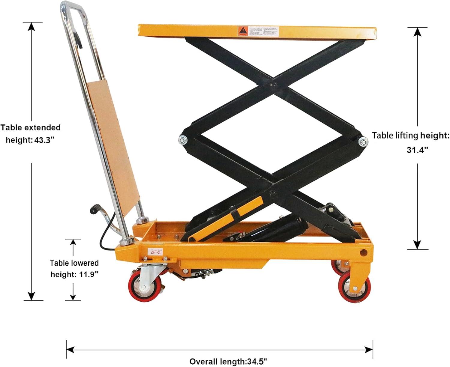 APOLLOLIFT 330lb Scissor Lift Table Cart Hydraulic Hand  Lift Table W/ 43.3" Lift Double Scissor Steel