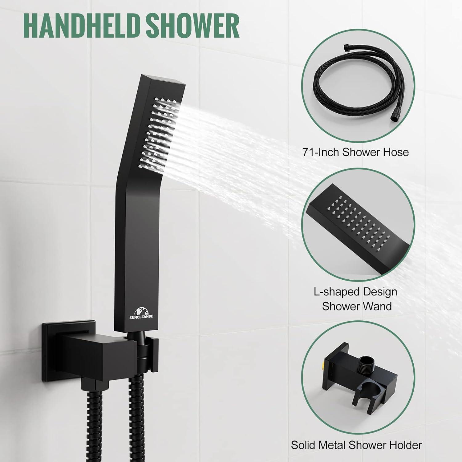 SunCleanse Rainfall Shower System Matte Black Ceiling Mounted Shower System Combo Set with High Pressure 12 Inches Square Rain Shower Head Handheld and Shower Faucet Rough-in Mixer Valve and Trim