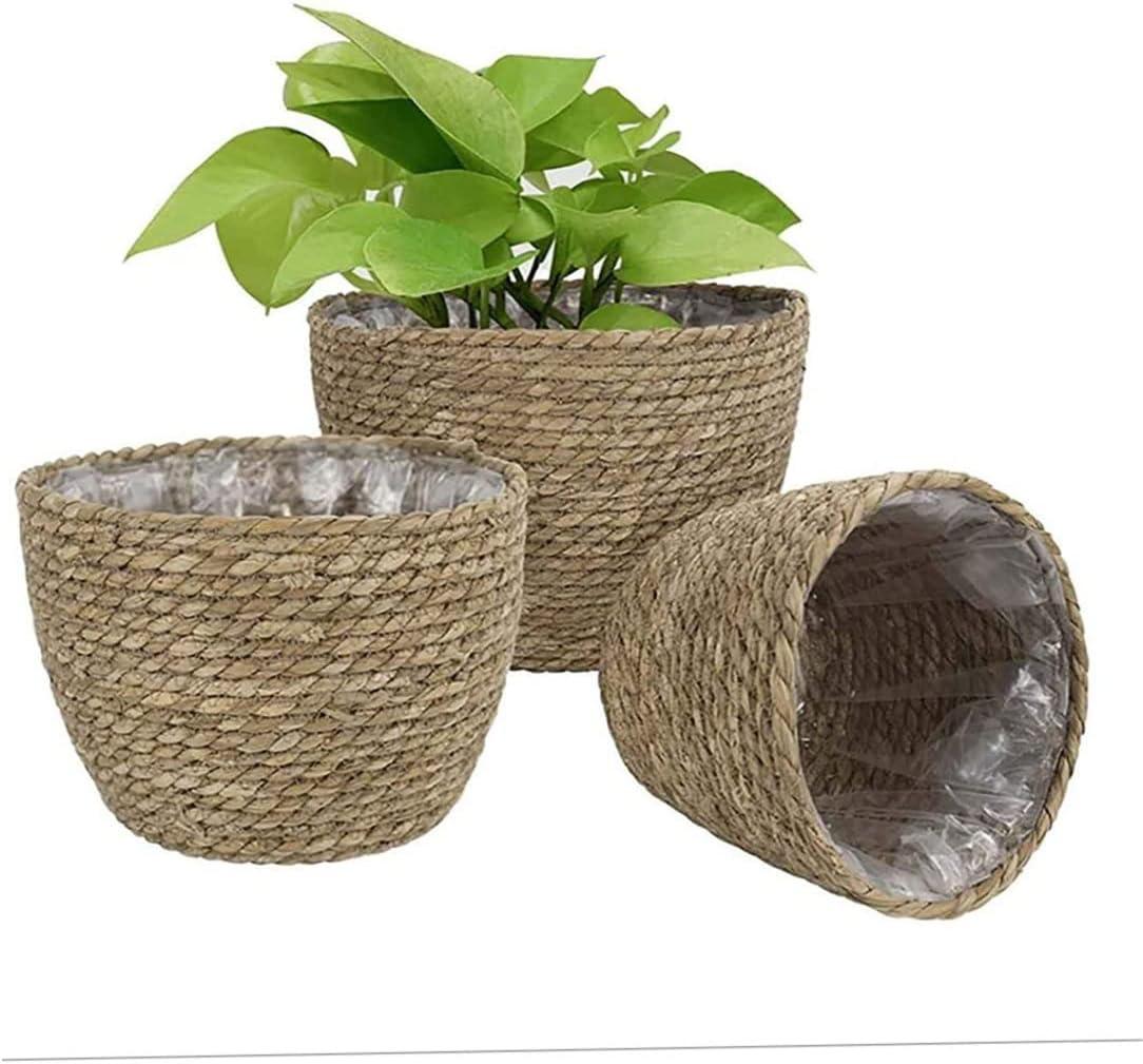 Natural Seagrass Cylindrical Planter with Plastic Liner