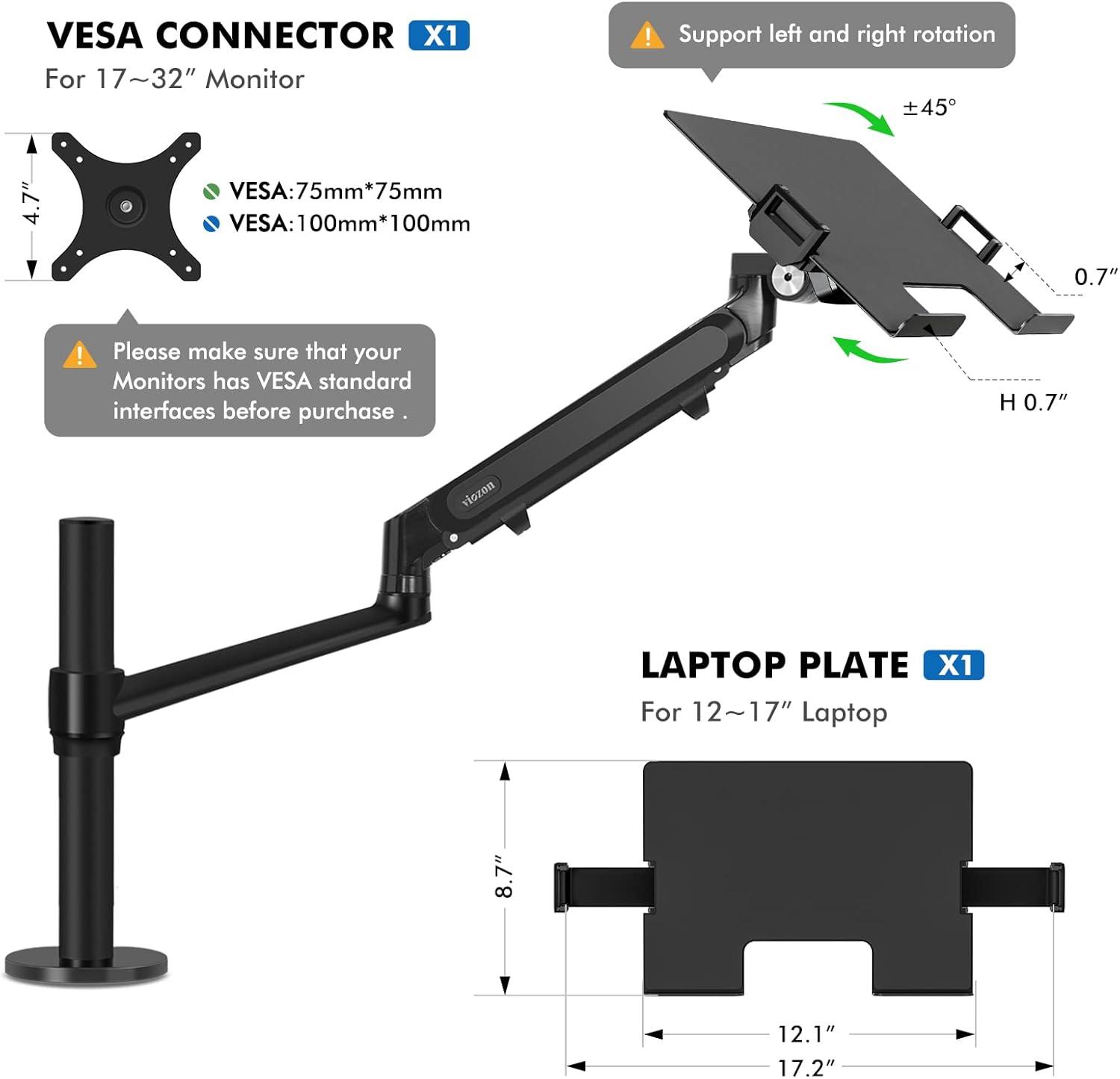 Viozon Monitor/Laptop Mount, Single Gas Spring Arm Desk Stand/Holder for 17-32" Computer Monitor, Extra Laptop Tray Fits 12-17" Laptops/Notebook(1S-Prob)