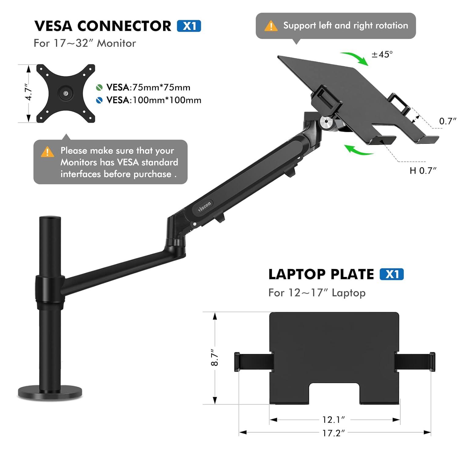 Viozon Monitor/Laptop Mount, Single Gas Spring Arm Desk Stand/Holder for 17-32" Computer Monitor, Extra Laptop Tray Fits 12-17" Laptops/Notebook(1S-Prob)