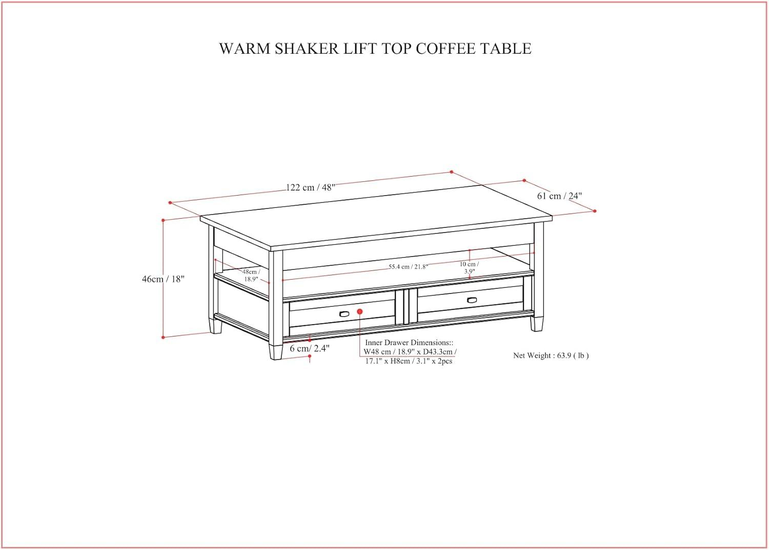 Simpli Home Warm Shaker SOLID WOOD 48 inch Wide Rectangle Transitional Lift Top Coffee Table in Light Golden Brown