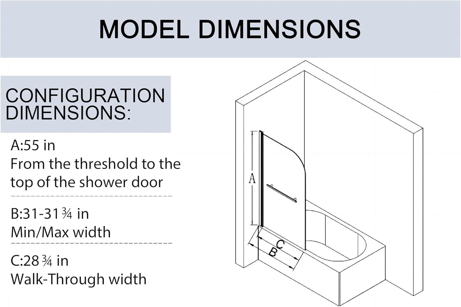 31 In. W * 55 In. H Frameless Shower Doors For Bathtub, 1/4" (6Mm) Thick SGCC Tempered Glass Door, Pivot Shower Door Panel For Bathroom