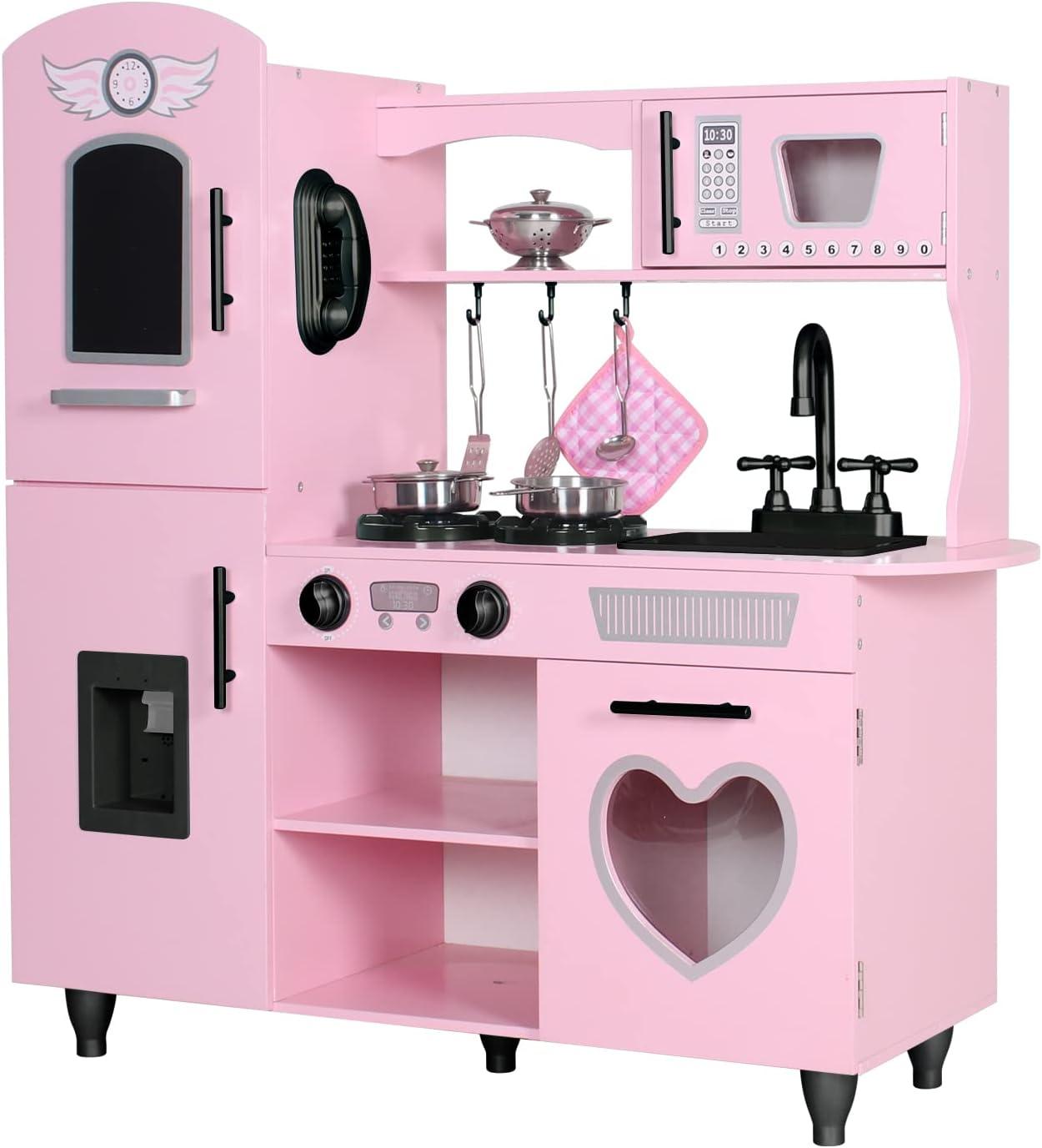 Pink Wooden Play Kitchen Set with LED Lights and Sounds