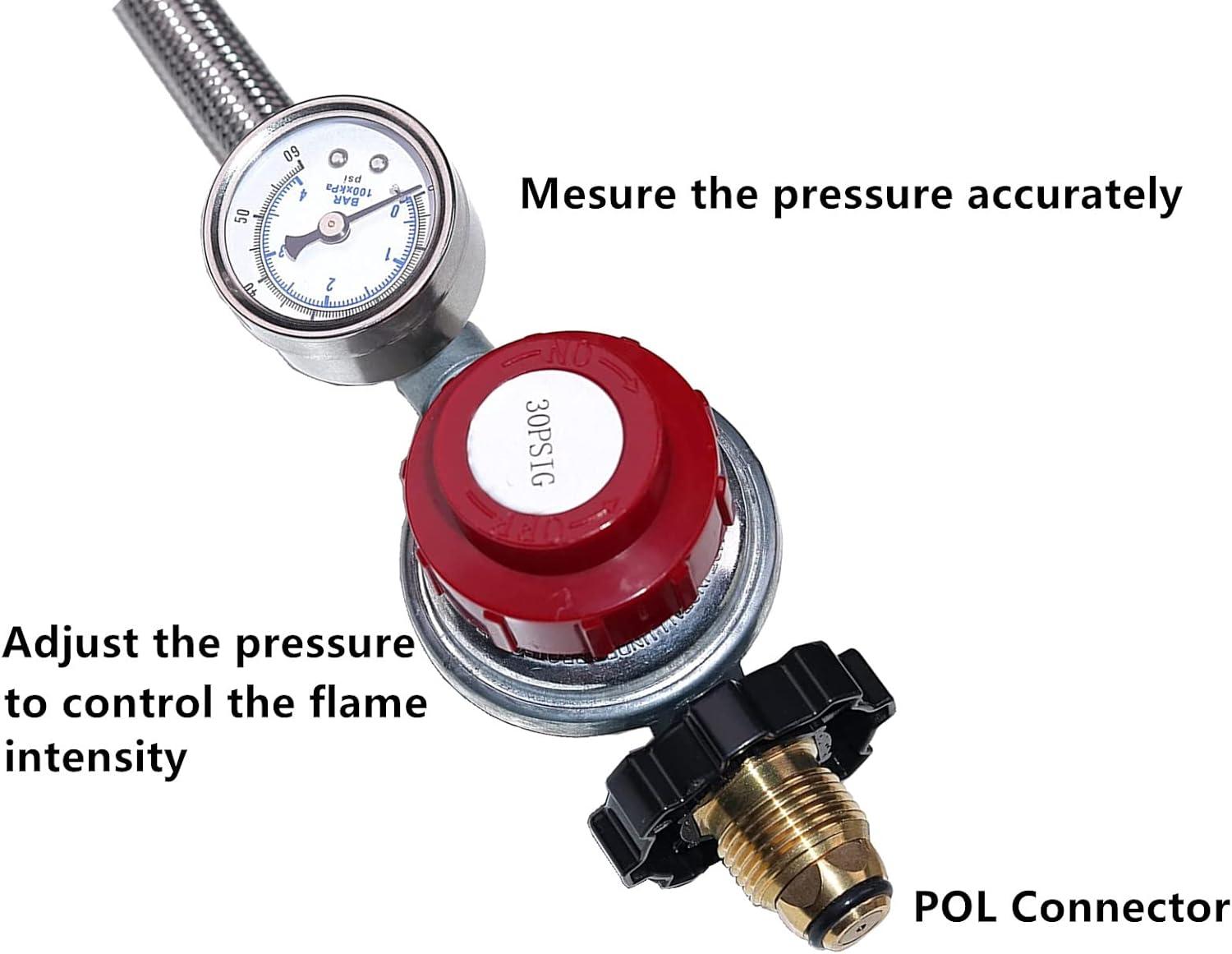 Gaspro 12ft 0-30 PSI Adjustable Propane Regulator with Gauge Stainless High Pressure Propane Hose with Regulator and  3/8" Female Connector