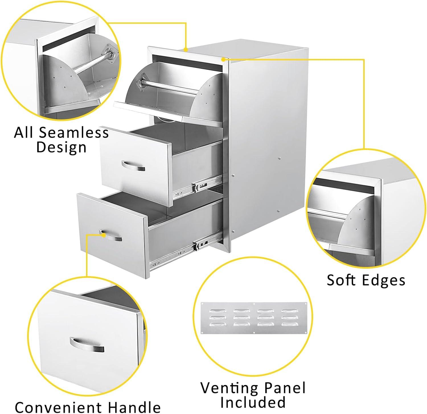 Stainless Steel Triple BBQ Drawers with Paper Towel Holder