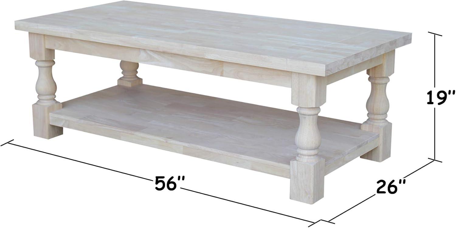 Tuscan Coffee Table - Unfinished - International Concepts: 56" Large Hardwood Coffee Table for Living Room with Fixed Shelf