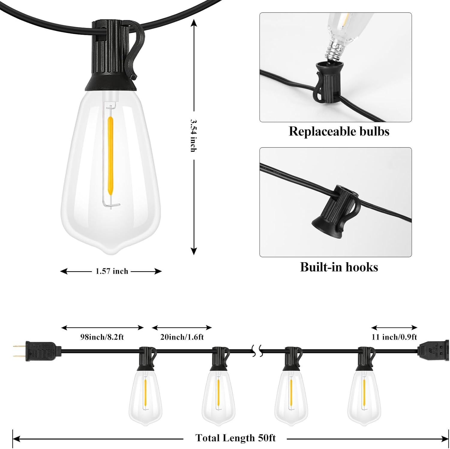 50FT Warm White LED Outdoor String Lights with Shatterproof Edison Bulbs