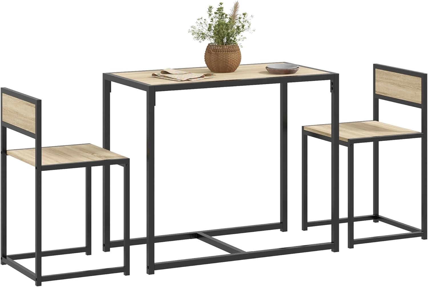 Oak and Black 3-Piece Industrial Dining Table Set with 2 Chairs