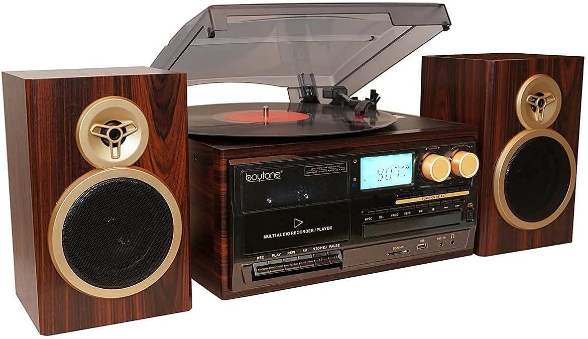 Mahogany Bluetooth Record Player Turntable with Stereo Speakers