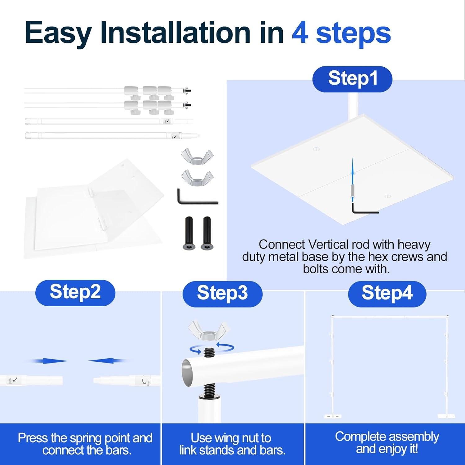 EMART Backdrop Stand, 6.5x10 ft Adjustable Photo Background Pipe and Drape Photography Kit with Heavy Duty Metal Flat Base for Parties, Wedding, Video Studio, Birthday - White