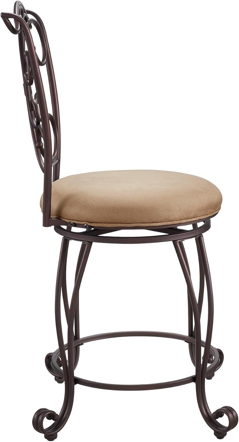 Linon Gathered Back Counter Stool, Brown, 24 inch Seat Height, Light Brown with Caramel Fabric