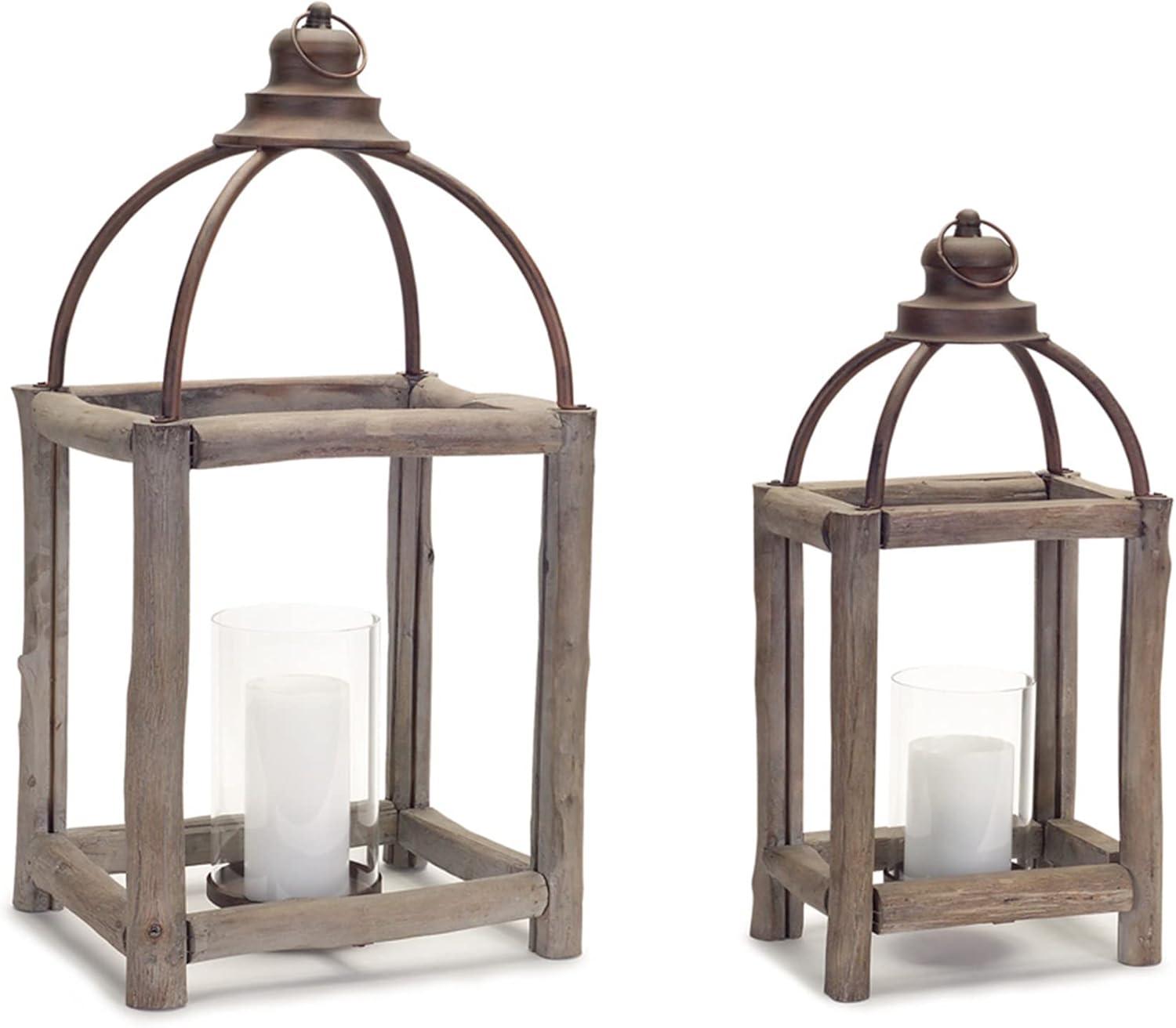 Natural Gray Wood and Metal Hanging Candle Lantern Set