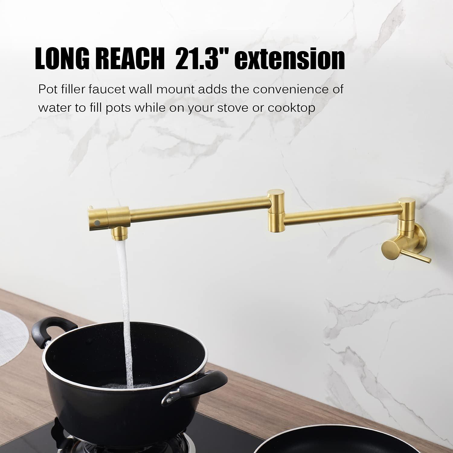 Pot Filler Folding Faucets,Wall Mount Pot Filler Kitchen Faucet Solid Brass,Swing Arm Folding Brushed Gold Modern Kitchen Sink Faucet Folding Stretchable with Single Hole Two Handles