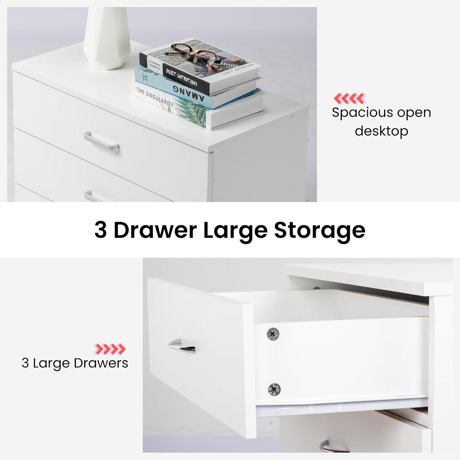 XIAOTAO 3-Drawer Dresser, Small Nightstand Modern Storage Chest of Drawer Wooden Side Table End Table for Bedroom, Living Room, Reception Room (White)