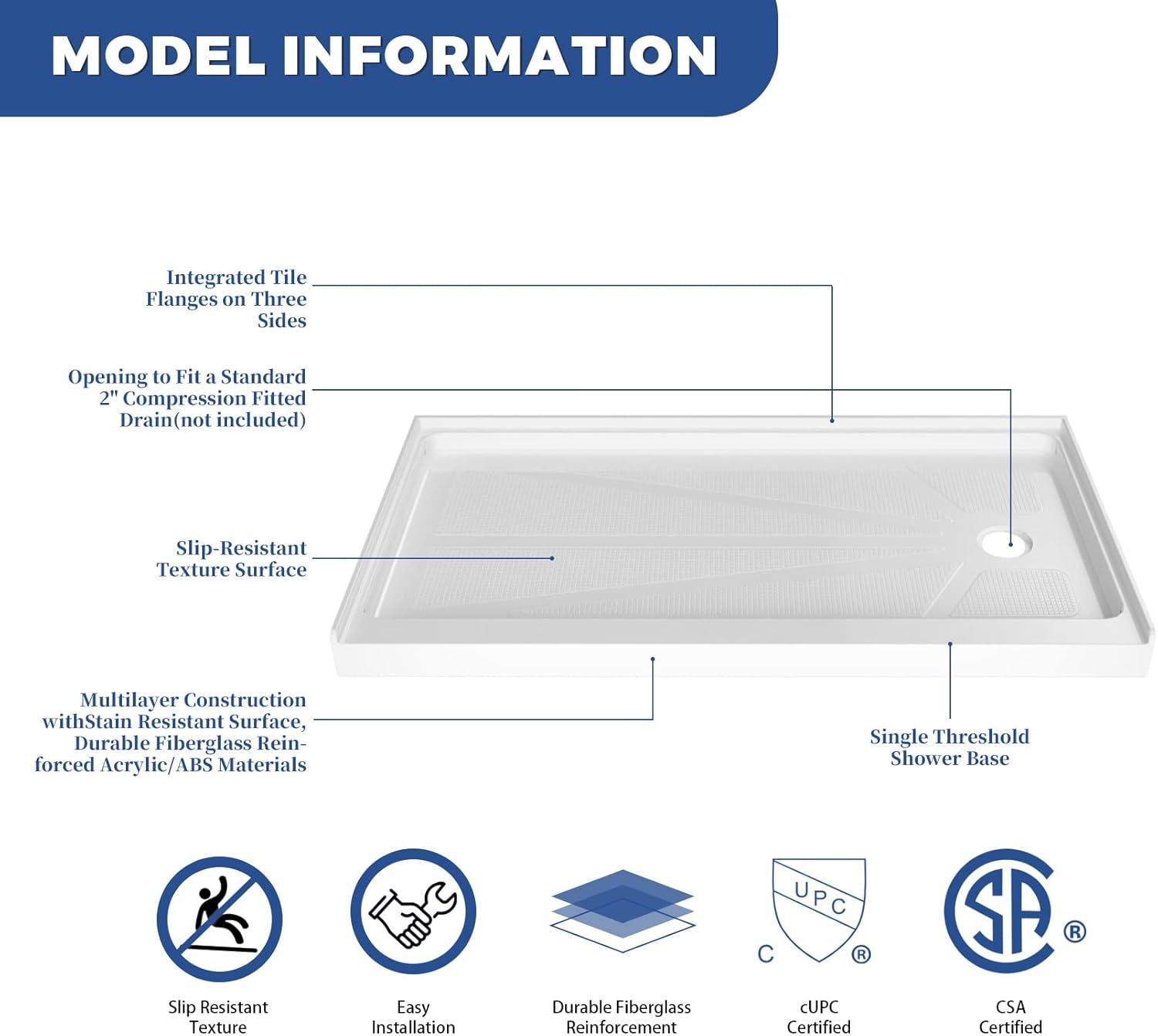 60 x 32 White Acrylic Right Drain Shower Base with Non-Slip Surface