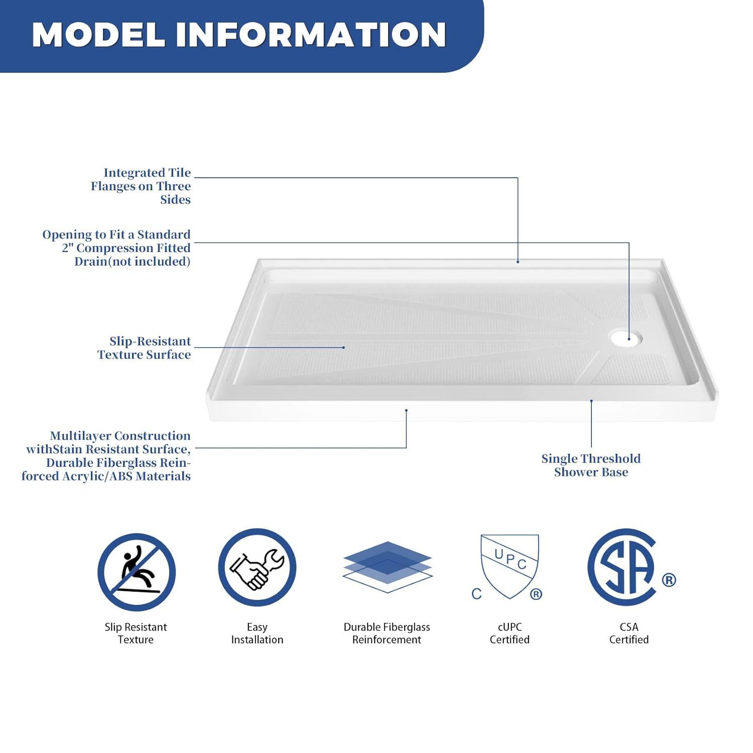 CKB 60 in. L x 32 in. W Right Drain Shower Base, Single Threshold Shower Pan with Slip Resistant Textured Surface, White