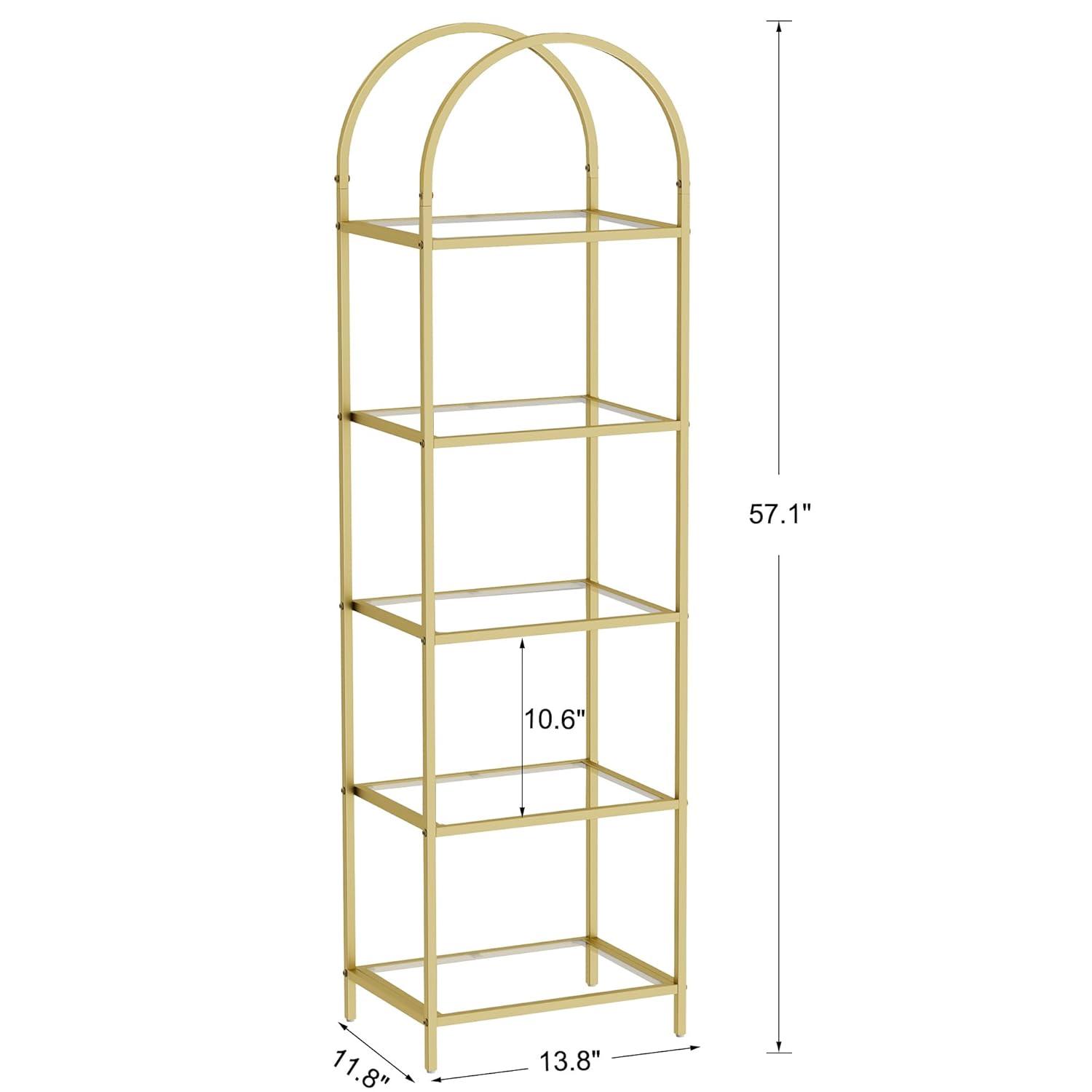 5 Tier Gold Bookshelf, Modern Storage Organizer Shelf, Metal Bookcase Stand for Office, Bedroom Kitchen Living Room