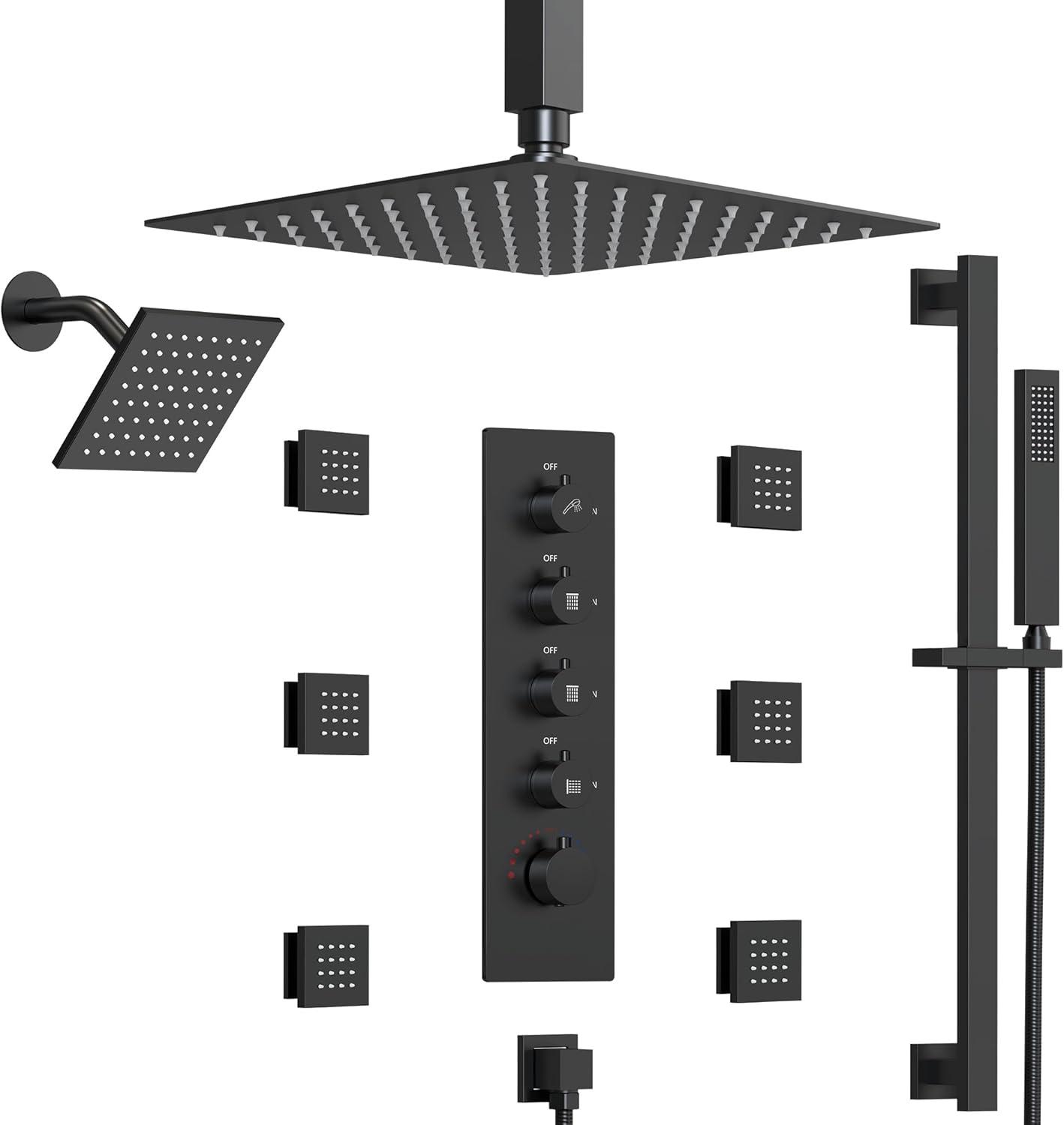 DualJetSpa 15-Spray Patterns 16" & 6" Dual Shower Head, Shower FaucetSystem with Thermostatic Rough-in Valve and Body Jets