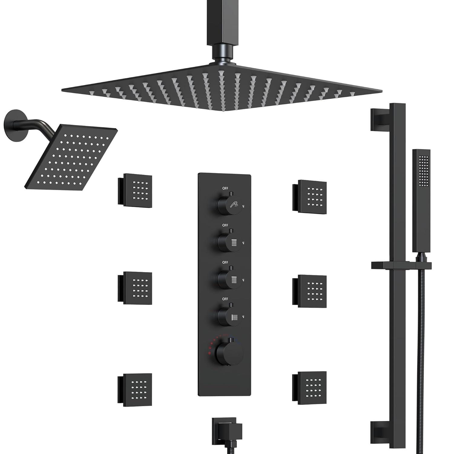DualJetSpa 15-Spray Patterns 16" & 6" Dual Shower Head, Shower FaucetSystem with Thermostatic Rough-in Valve and Body Jets