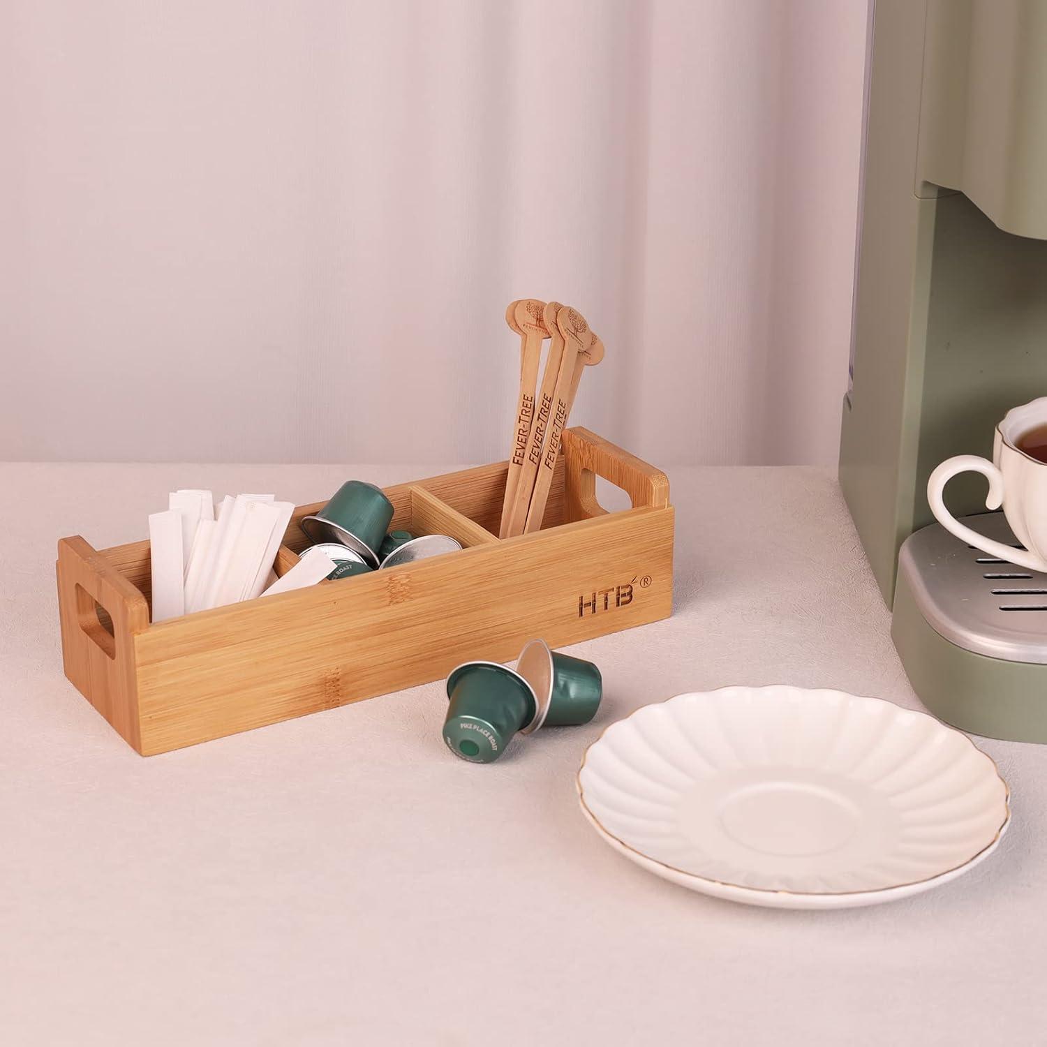 HTB Small Tea Bag Holder Pack of 2, Bamboo Tea Organizer 3 Compartments for Beverage Suppliers, Sweeteners, Individual Packets, Portable Tea Bag Organizer for Home Kitchen Counter or Office