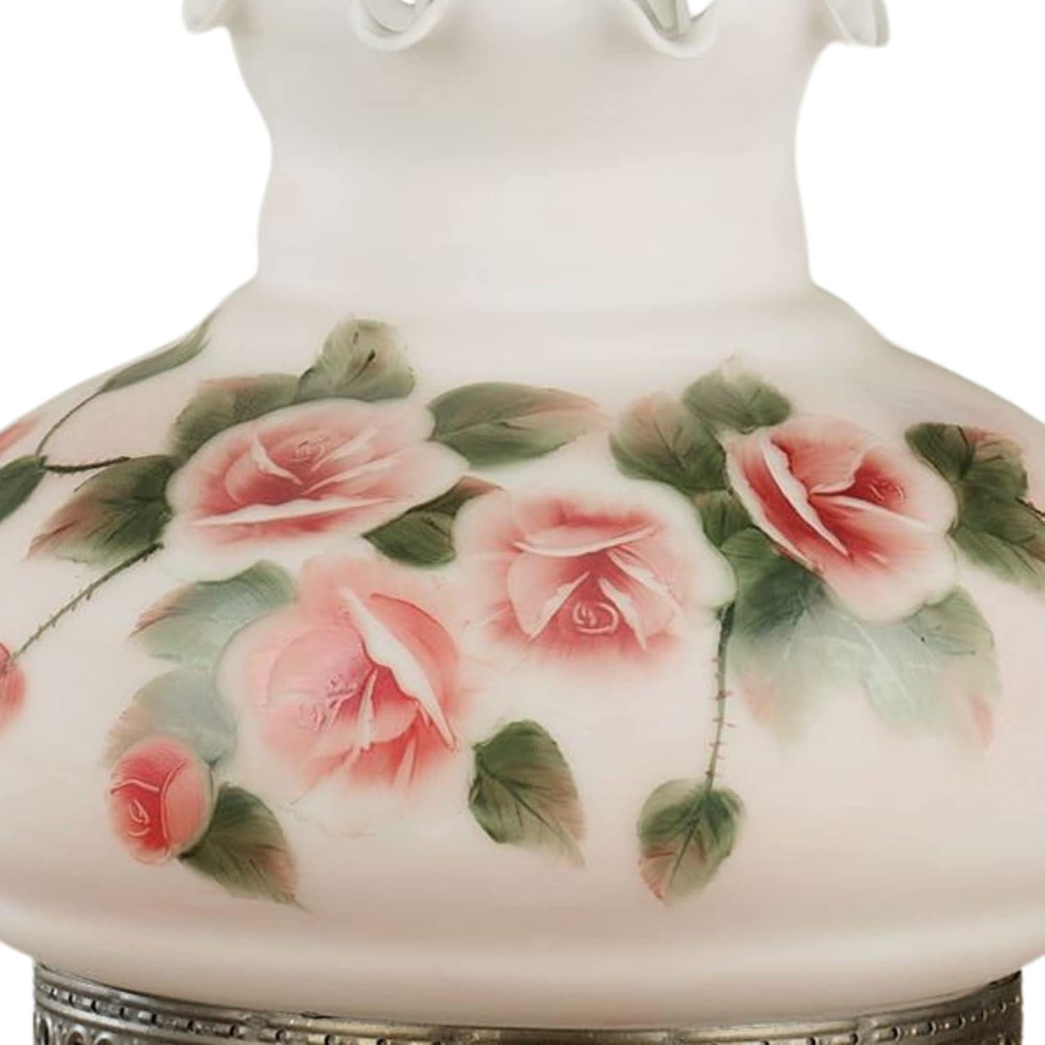 Adelaide Hurricane Table Lamp with Handpainted Pink Roses on Scalloped Glass Shade and Faux Crystal Beads 24 Inches High