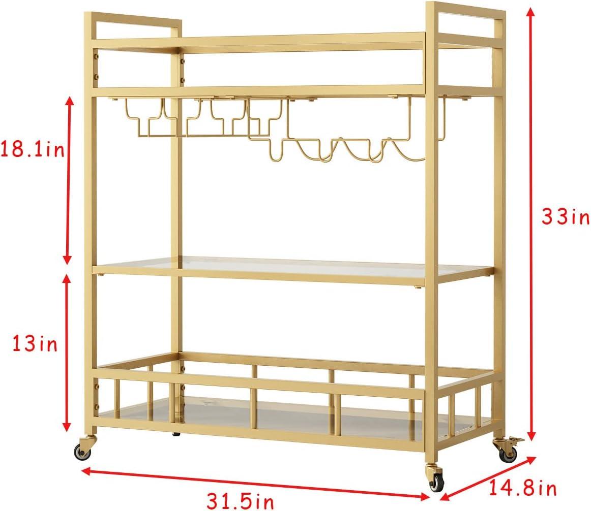 Bar Cart Gold with Bottle Storage and Wine Glass, Rolling Serving Bar Cart on Wheels Indoor & Outdoor, Patio, Gold Kitchen Serving Cart for Party(3-Tier)