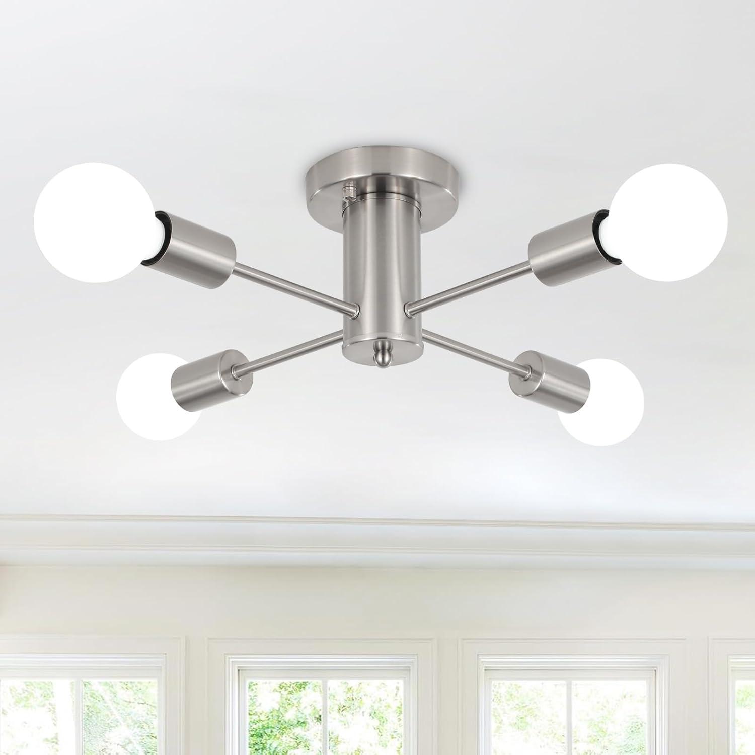 Sputnik Chandeliers, 4 Lights Kitchen Lighting Fixtures Ceiling Brushed Nickel Chandelier, Semi Flush Mount Ceiling Light Fixture for Bedroom Hallway Kitchen Living Room Dining Room