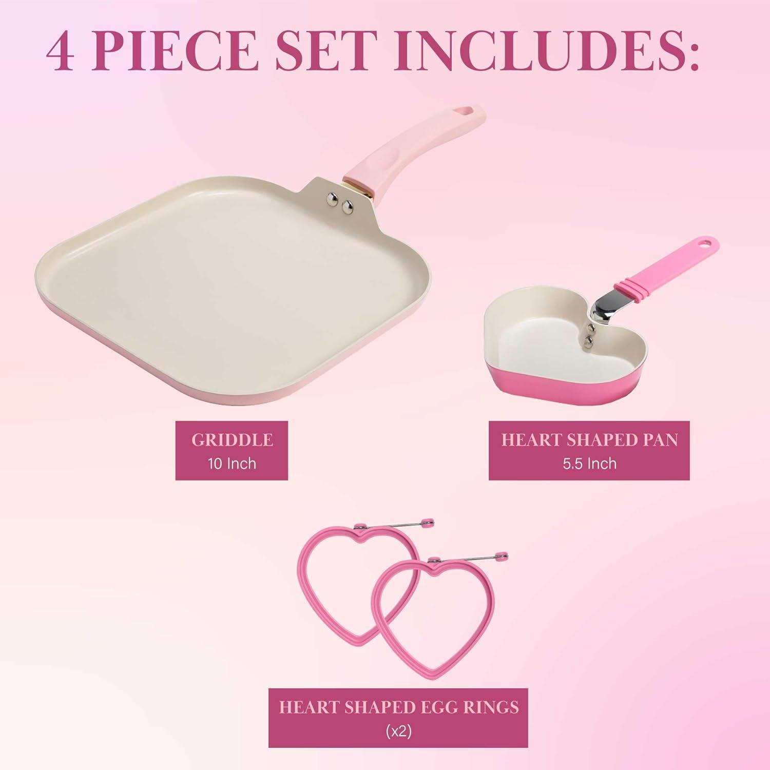 Pink Ceramic Nonstick Breakfast Cookware Set with Heart Shapes, 4-Piece